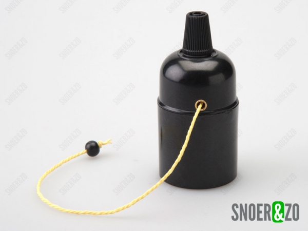 Fitting E27 zwart glad met trekschakelaar geel