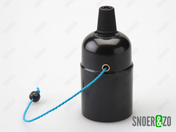 Fitting E27 zwart glad met trekschakelaar blauw