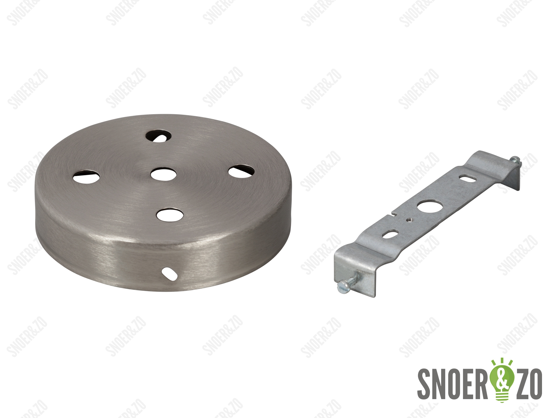 Plafondkap metaal plat geborsteld nikkel (RVS look) met 5 gaten en beugel