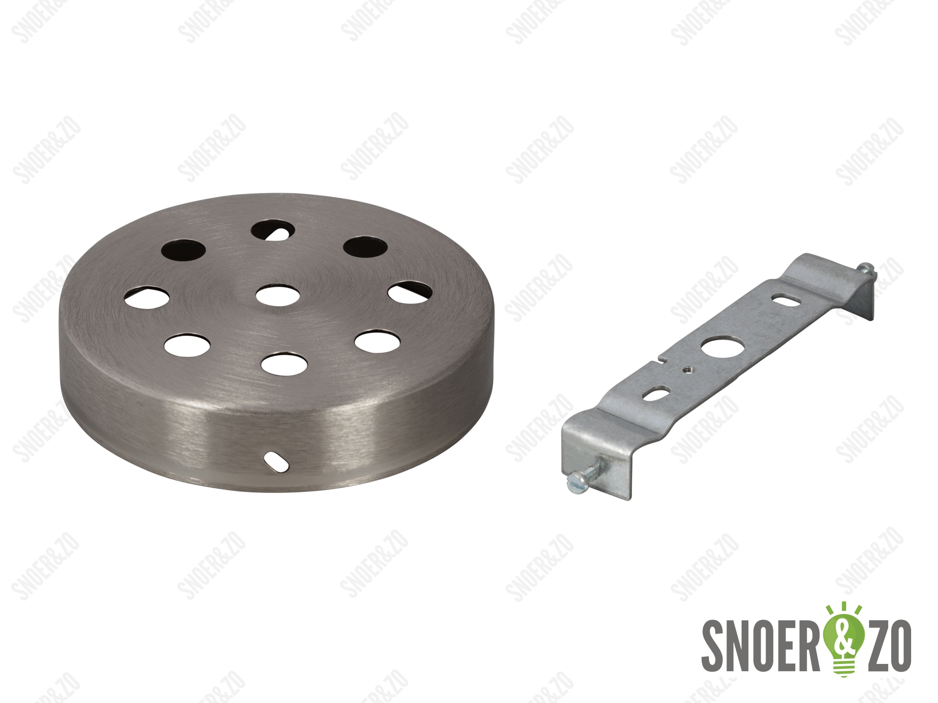 Plafondkap metaal plat geborsteld nikkel (RVS look) met 9 gaten en beugel