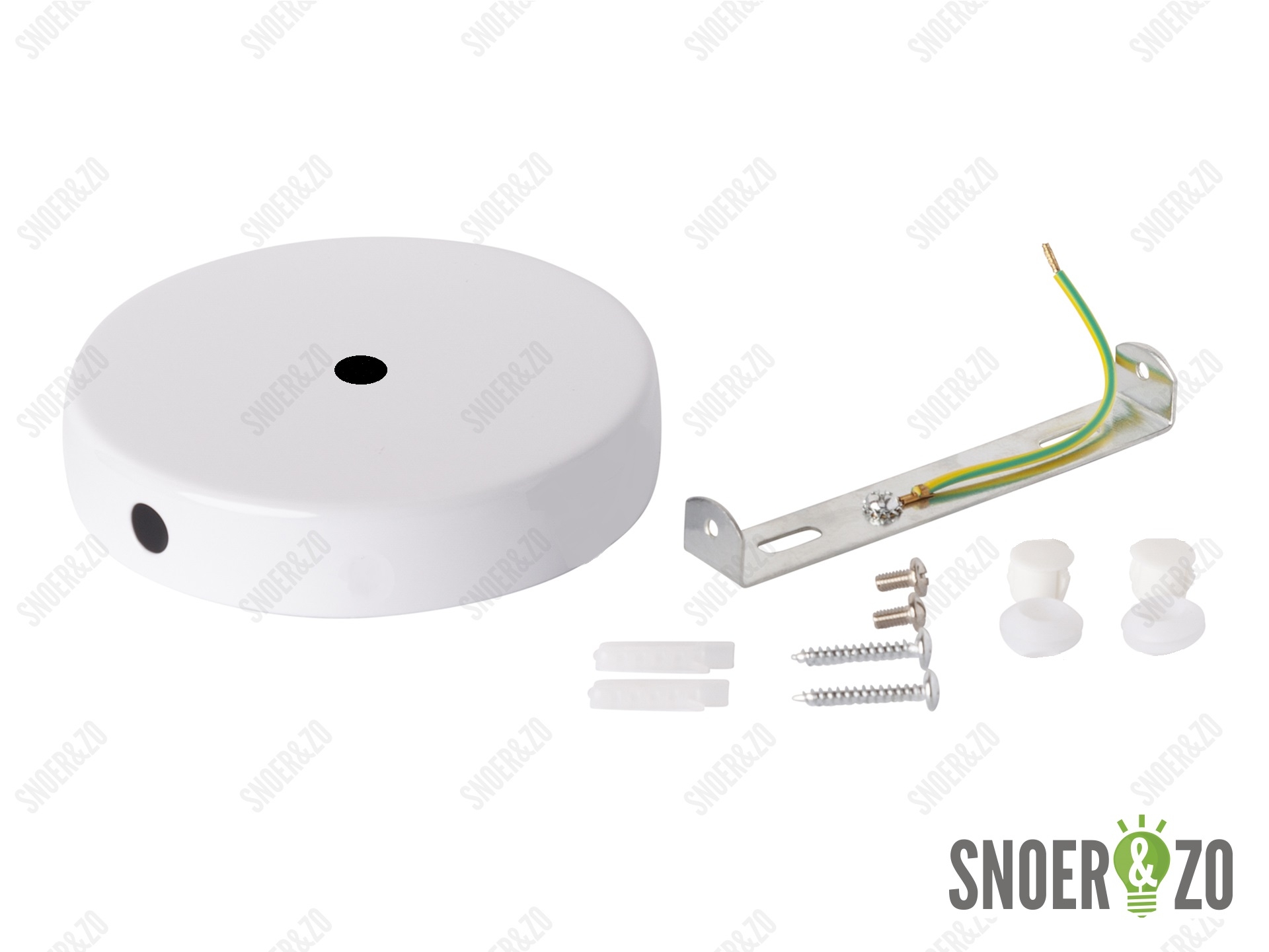 Plafondkap metaal plat wit met beugel met 1 midden gat en 2 zij gaten