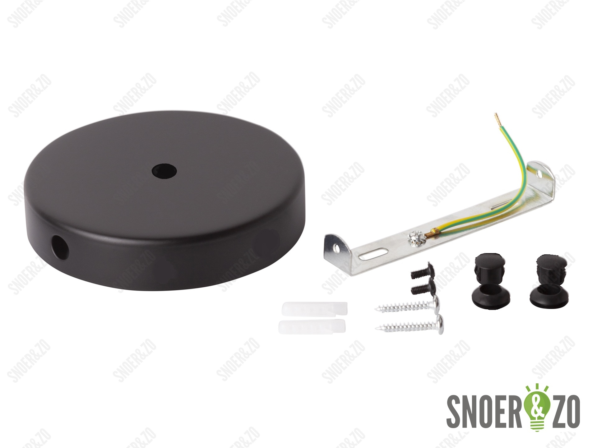 Plafondkap metaal plat zwart met beugel met 1 midden gat en 2 zij gaten